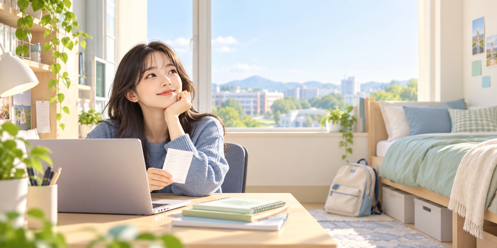 대학 기숙사에서 주거안정장학금 결과를 확인하는 학생 일러스트