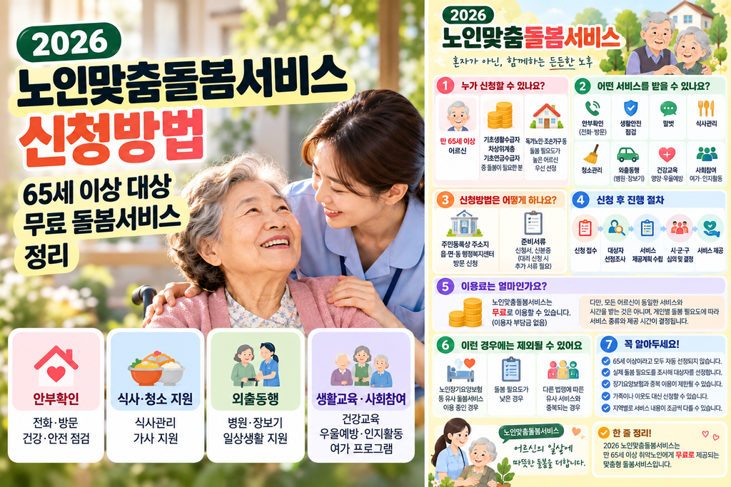 2026년 노인맞춤돌봄서비스 대상과 신청방법을 정리합니다. 만 65세 이상 지원조건, 안부확인·외출동행·식사·청소 지원, 이용료, 신청절차와 중복제한까지 확인하세요.